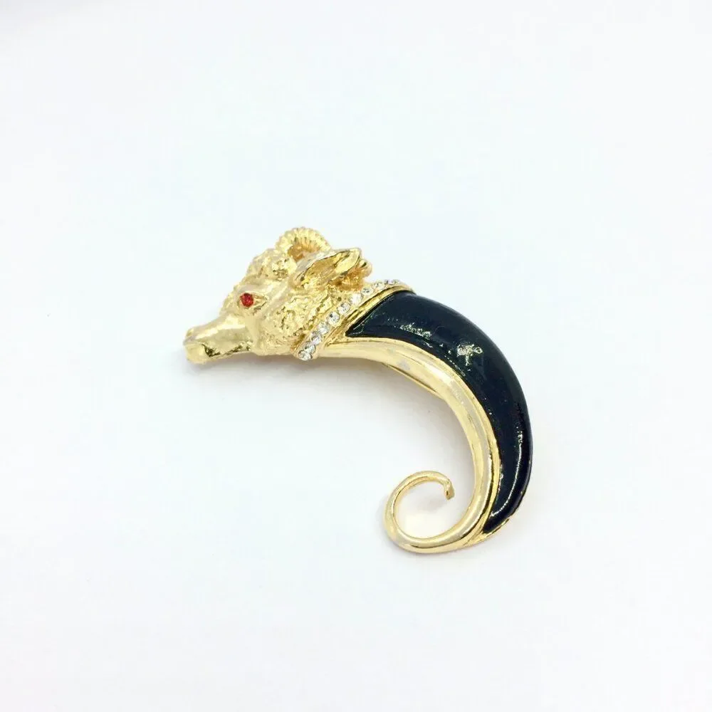 VINTAGE RAM BROOCH Black Enamel Horn Rhinestone Gold Tone Aries Statement Pin